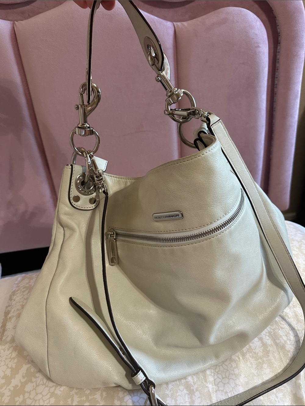 Rebecca Minkoff Cream Leather Shoulder Hobo Bag with Silver Hardware